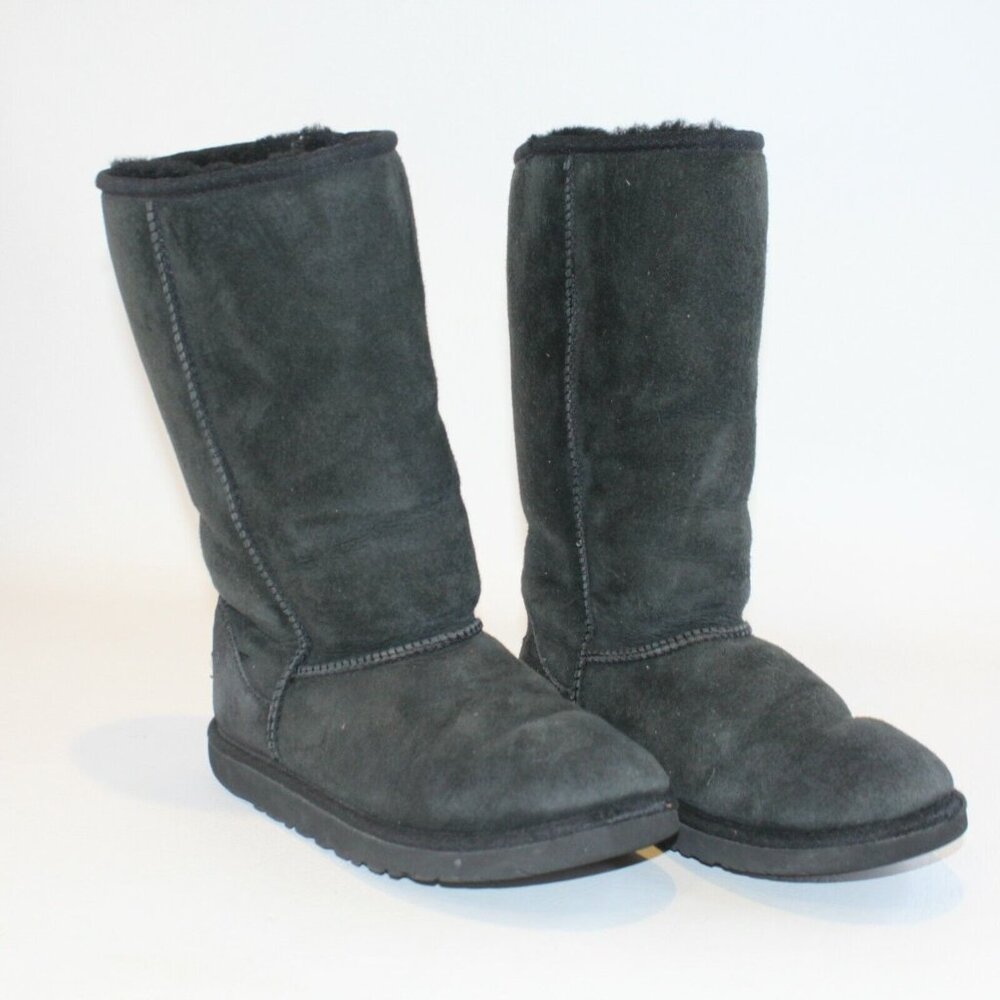 UGG Youth Sz 4 Classic Tall Black Suede Shearling Lined Pull On Mid Calf Boots - Picture 2 of 12